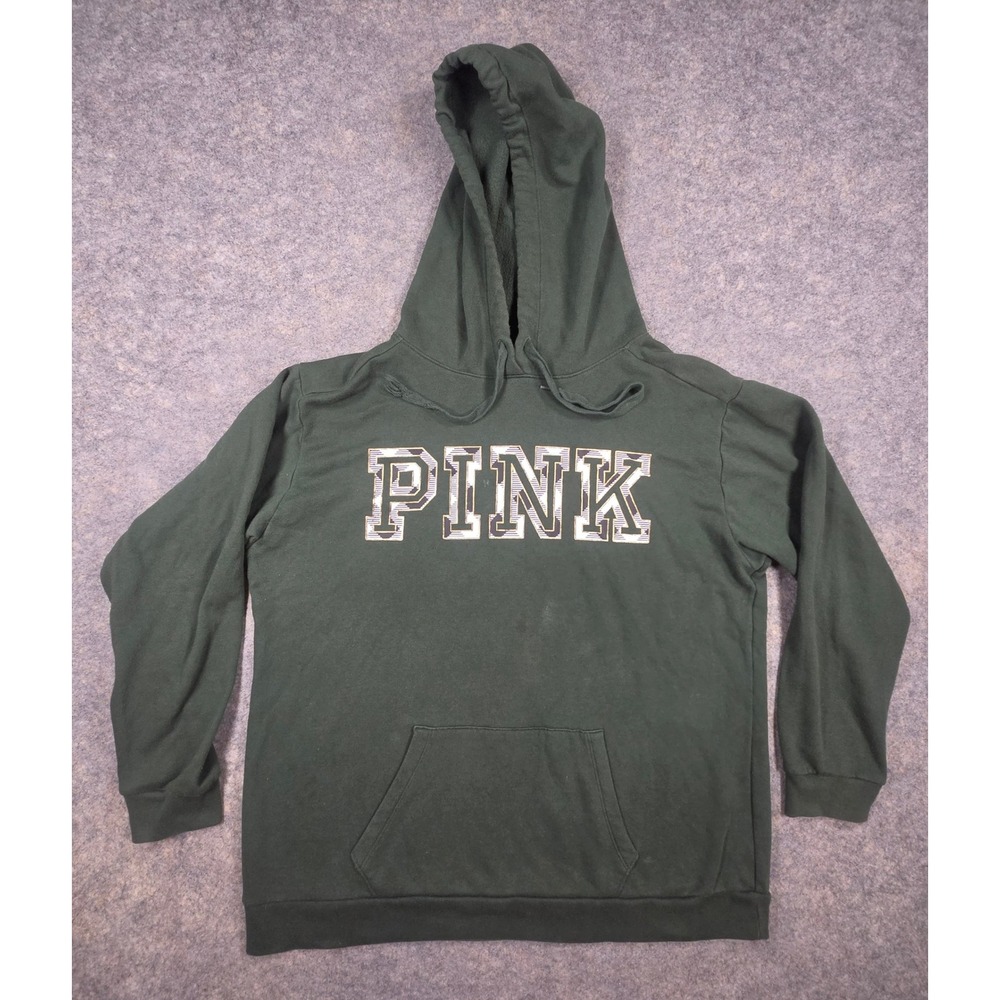 Victorias Secret PINK Hoodie Forest Green Plaid Logo Pullover Sweatshirt Large